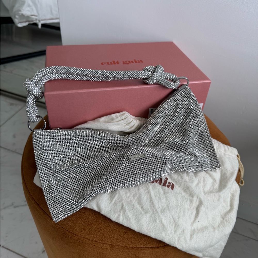 Cult Gaia Silver Clutch with Knotted Strap